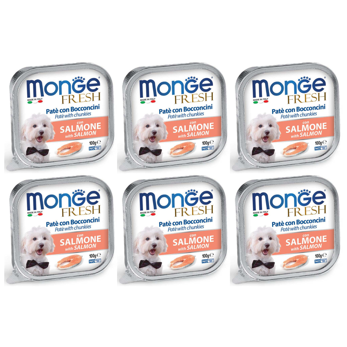 MONGE Fresh, cu Somon, Set Conserve Hrana Umeda Pentru Caini (pateu cu bucatele de carne), 6x100g