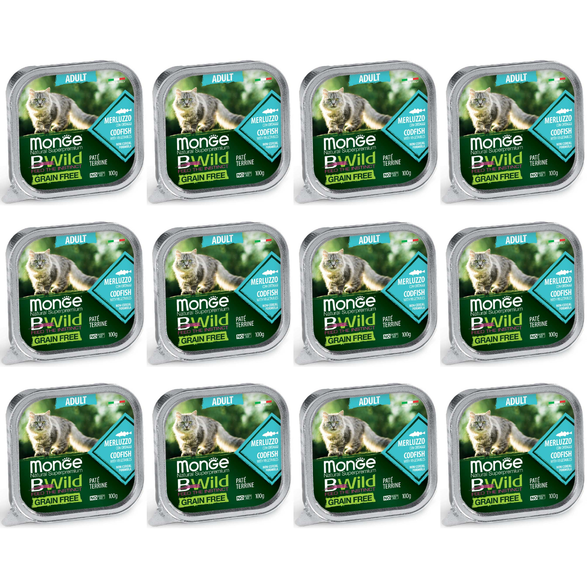 MONGE Natural BWild Adult Cat, cu Cod, Set Conserve Hrana Umeda Pentru Pisici (pateu fin), 12x100g