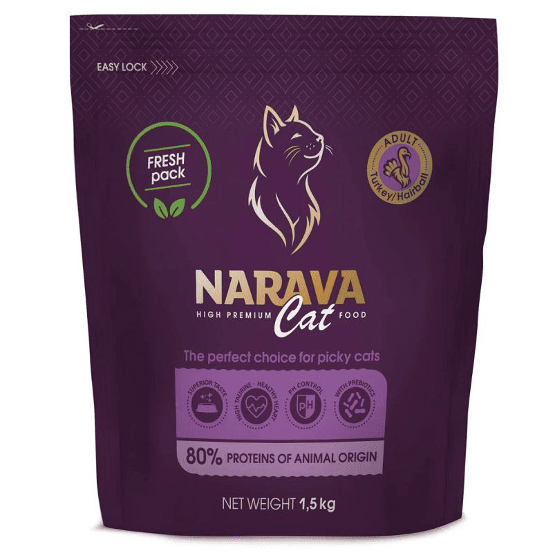 NARAVA High Premium Cat Adult Hairball, cu Curcan 1.5 kg | Hrana Uscata pentru Pisici Adulte | Hairball Control si Nutritie Echilibrata
