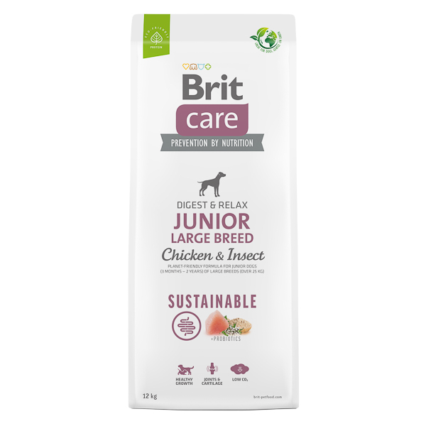 BRIT CARE Sustainable Junior Large Breed, cu Pui și Insecte, Hrană Uscata Sustenabila pentru Juniori de Talie Mare, Fara Gluten, 12kg