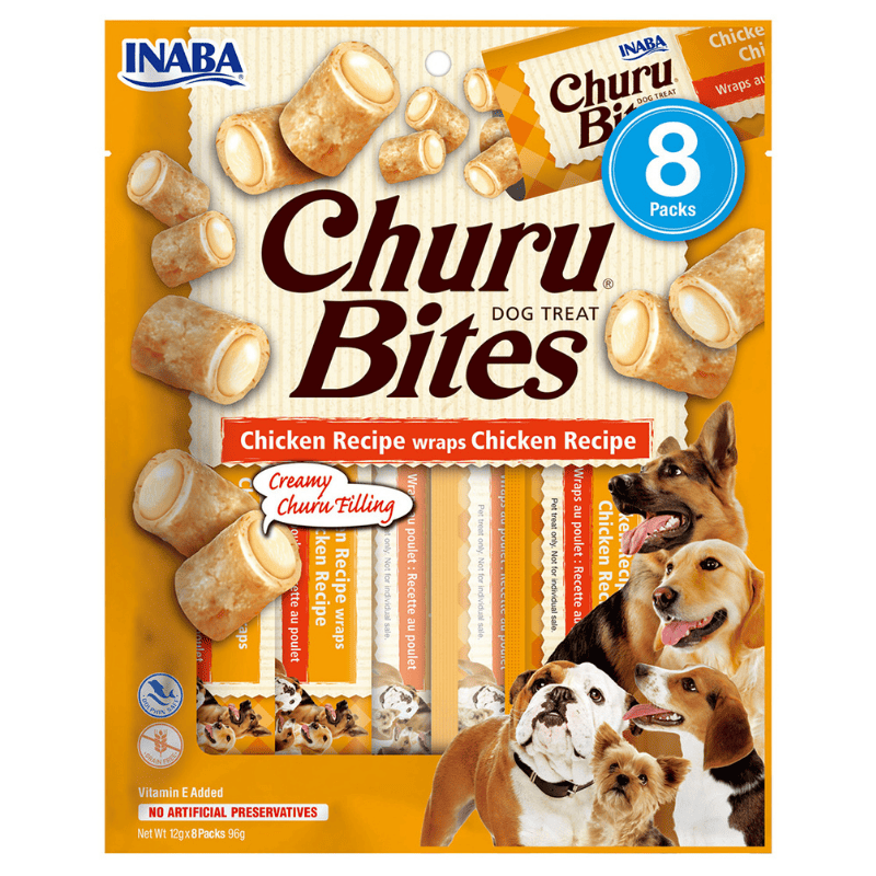 CHURU Bites Chicken Recipe 8x12 g | Recompense pentru Caini cu Pui, Textura Moale si Interior Cremos