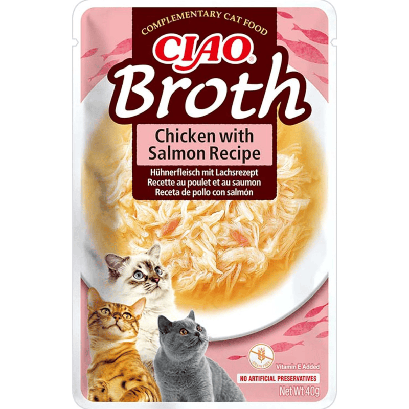 CIAO CHURU Broth Cat Food Supa Delicata de Pui cu Fulgi de Somon 40 g | Hrana Complementara Umeda pentru Pisici | Umiditate Ridicata, Fara Cereale, Topping Palatabil