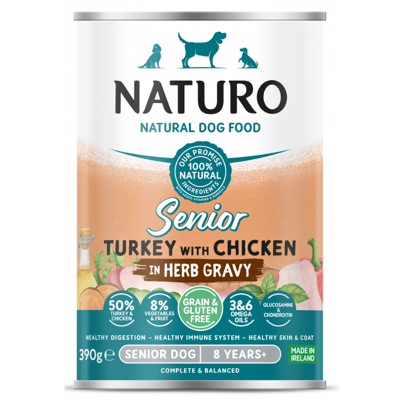 NATURO Senior Dog Grain & Gluten Free cu Curcan si Pui in Sos cu Ierburi 390 g | Hrana Umeda Completa fara Cereale 100% Naturala pentru Caini Varstnici 7+