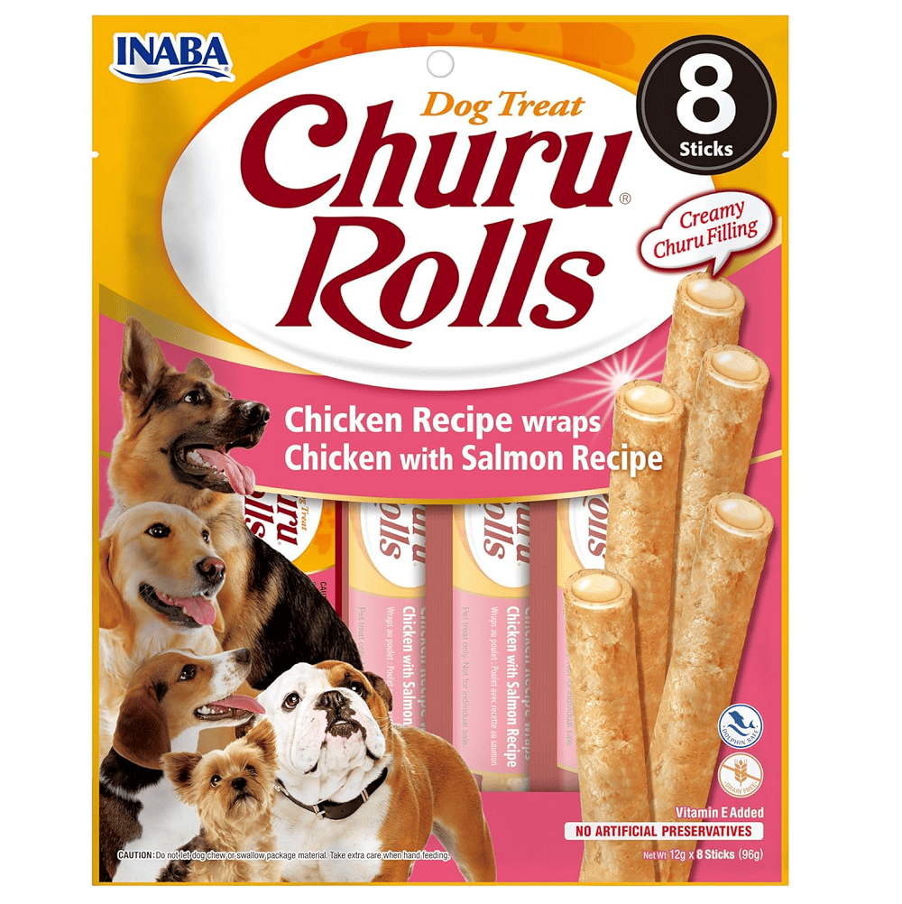 CHURU Rolls Chicken with Salmon Recipe 8x12 g | Recompensa pentru Caini cu Pui si Somon | Textura Moale si Umplutura Cremoasa