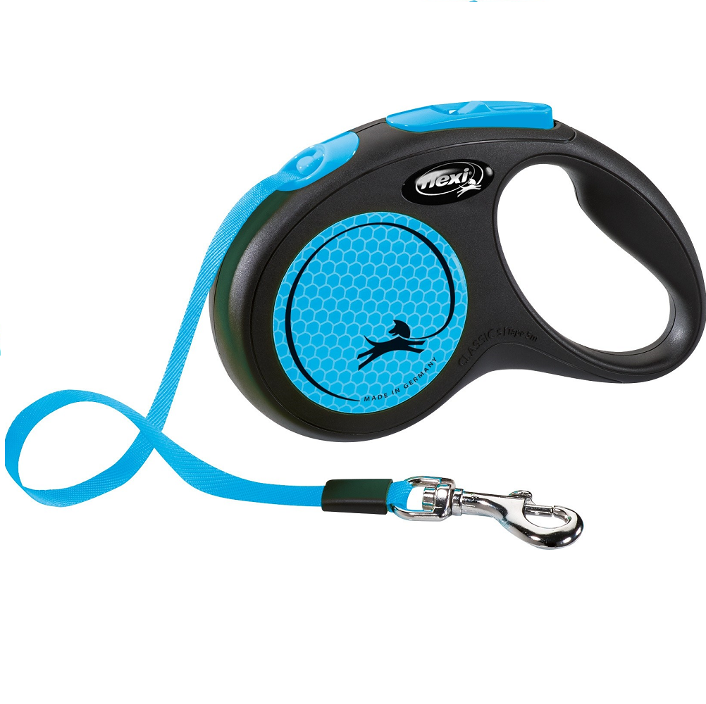 FLEXI New Classic Neon Albastru S, Lesa Retractabila cu Banda, Caini Maxim 15kg, 5m