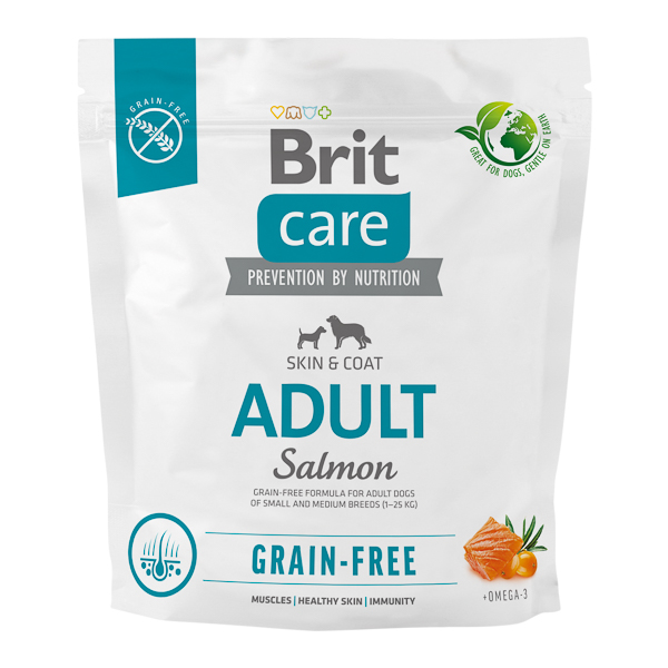 BRIT CARE Grain-Free Adult, cu Somon, Hrană Uscata Fără Cereale pentru Câini Adulți de Talie Mică și Medie, Piele și Blană Sănătoase, 1kg