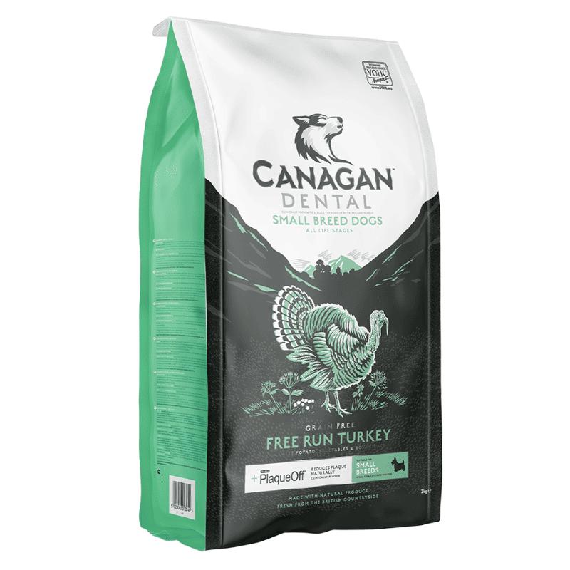 CANAGAN Small Breed Dog Dental Free Run Turkey 2 kg | cu Curcan | Hrana uscata fara cereale pentru caini de talie mica | ProDen PlaqueOff pentru controlul placii dentare