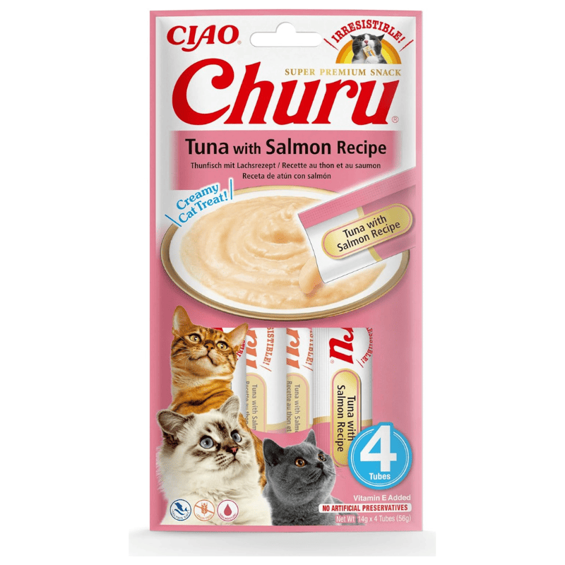 INABA Ciao Churu Creamy Sticks Tuna & Salmon 4x14 g | Recompense Cremoase fara Cereale pentru Pisici | cu Ton si Somon | Sanatoase, Hidratante si cu Calorii Putine