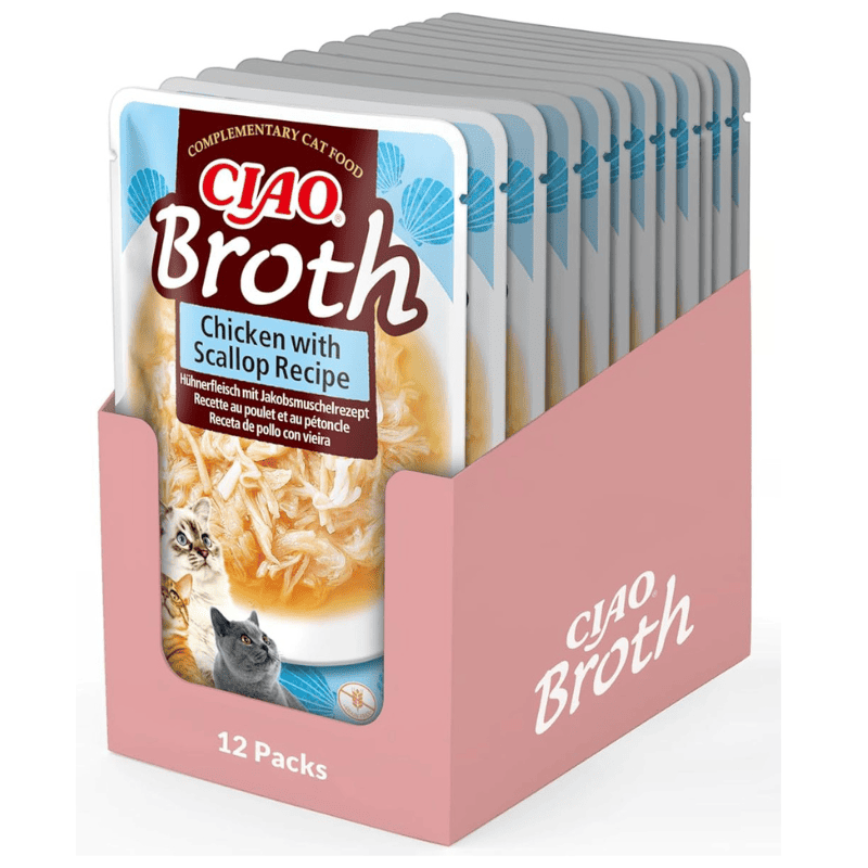 CIAO CHURU Broth Cat Food Supa Delicata de Pui cu Fulgi de Scoici Box 12x40 g | Hrana Complementara Umeda pentru Pisici | Umiditate Ridicata, Fara Cereale, Topping Palatabil