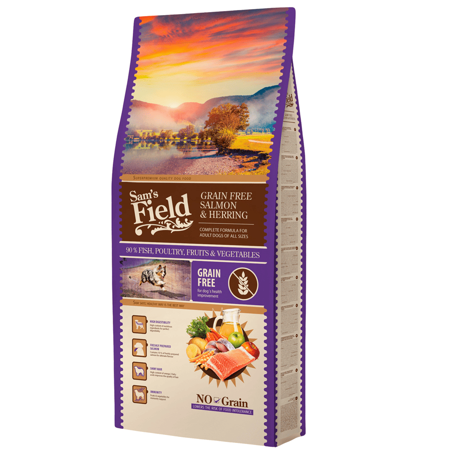 SAM'S FIELD Adult Grain-Free Salmon & Herring 13 kg | Hrana Uscata Super-Premium pentru Caini Adulti | Formula Grain-Free cu Somon, Hering, Fructe si Legume | Hipoalergenica, Bogata in Proteine si Omega-3