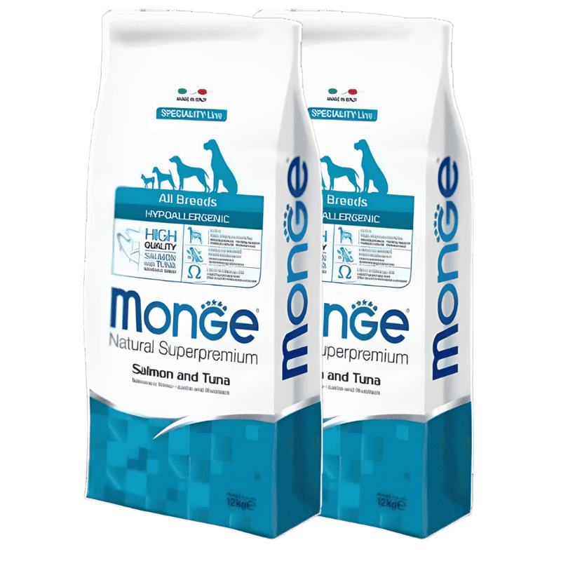 Pachet Economic 2 saci MONGE Natural Hipoalergenic Adult, Somon si Ton, Hrana Uscata Caine Digestie Sensibila | Piele Sanatoasa | Blana stralucitoare, 12kg