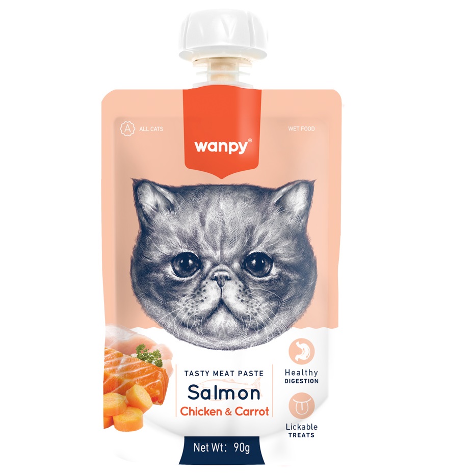 WANPY Tasty Meat Paste Salmon, Chicken & Carrot 90 g – Recompensa pentru Pisici, Pasta Cremoasa Superpremium cu Somon, Pui, Morcov si Acizi Omega 3, 6