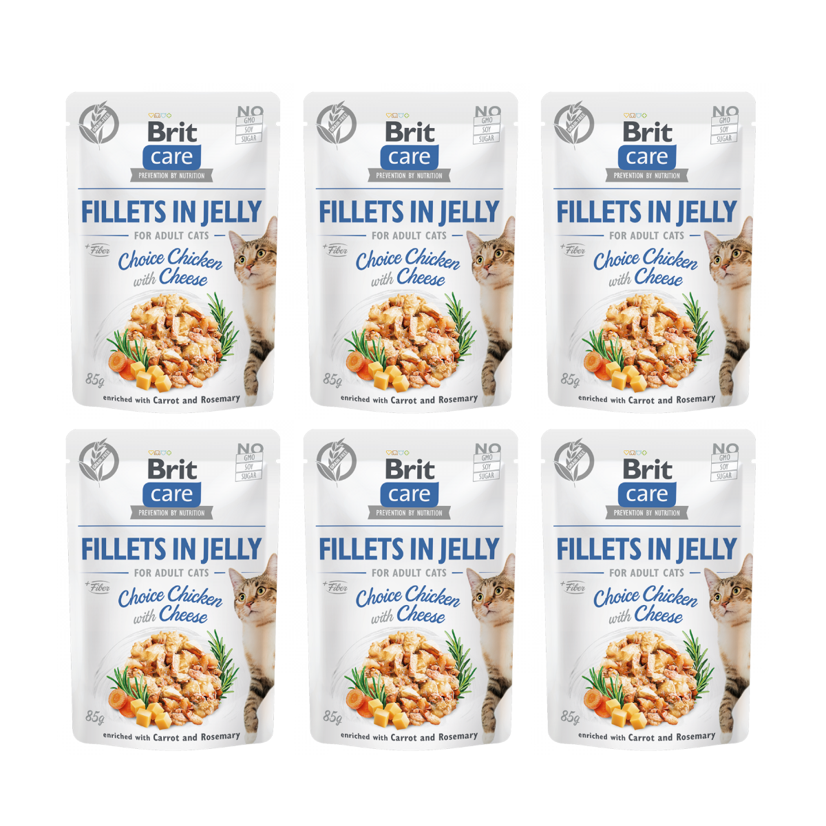 BRIT CARE Fillets in Jelly, cu Pui si Branza, Set Plicuri Hrana Umeda, Fara Cereale,  Pisici (file in aspic) 6x85g