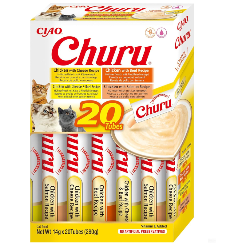 INABA Ciao Churu Creamy Sticks Chicken & Beef & Salmon Variety Box 20x14 g | Recompense Cremoase fara Cereale pentru Pisici | cu Pui, Branza, Vita si Somon | Sanatoase, Delicioase si cu Calorii Putine