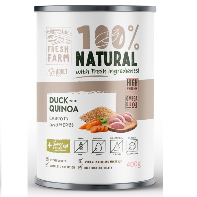 FRESH FARM Coarse Pate cu Rata, Quinoa si Morcovi, 400 g - Hrana Umeda Fara Cereale pentru Caini, Reteta Gatita la Aburi cu Textura de Pate Grosier