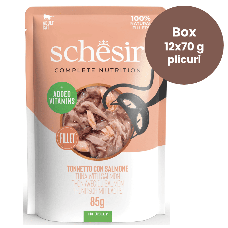 SCHESIR Cat Ton cu Somon in Aspic Box 12x85 g Plic | Hrana Umeda Completa pentru Pisici Adulte