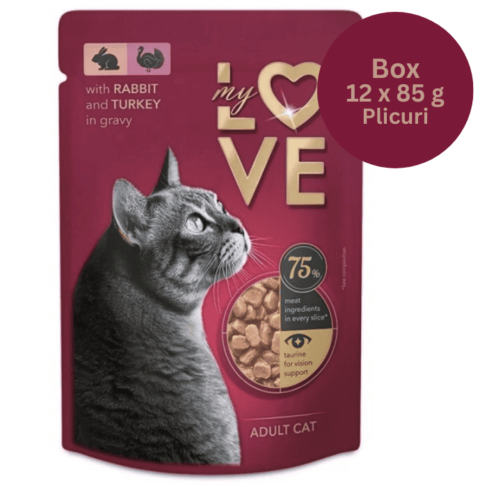 MY LOVE CAT Box Hrană Umedă pentru Pisici Adulte cu Iepure și Curcan, 12x85 g | Bucățele în Sos