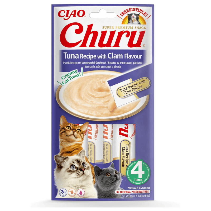 INABA Ciao Churu Creamy Stick Tuna & Clam 4x14 g | Recompense Cremoase fara Cereale pentru Pisici | cu Ton si Scoici Vongole | Sanatoase, Delicioase si cu Calorii Putine