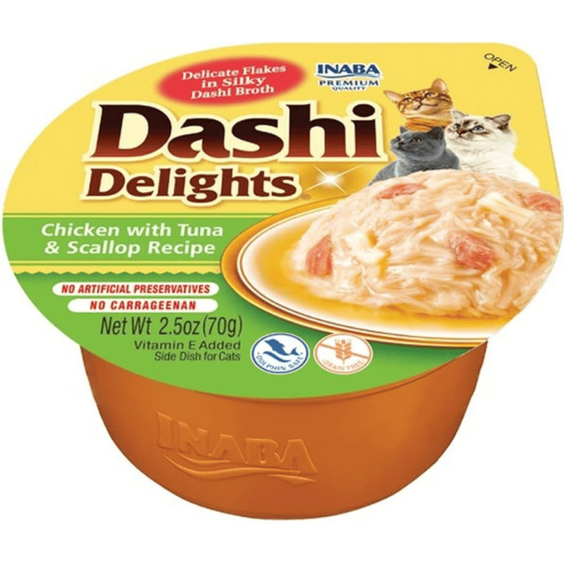 CIAO Dashi Delights pui, ton si scoici 70 g | Hrana Umeda Complementara pentru Pisici | Bucatele de Carne in Supa Dashi, Delicioasa si Sanatoasa, Fara Cereale