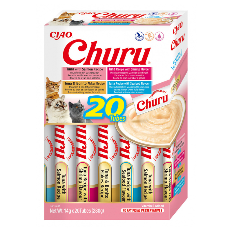 INABA Ciao Churu Creamy Sticks Seafood Variety Box 20x14 g | Recompense Cremoase fara Cereale pentru Pisici | cu Ton si Fructe de Mare | Sanatoase, Hidratante si cu Calorii Putine