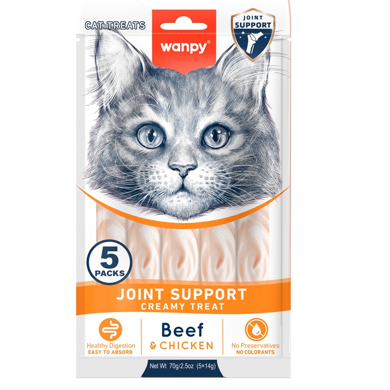 WANPY Joint Support Creamy Lickable Cat Treats cu Vita & Pui, plicuri 5x14 g – Recompensa Functionala Cremoasa Superpremium pentru Pisici, Suport Articular si Mobilitate
