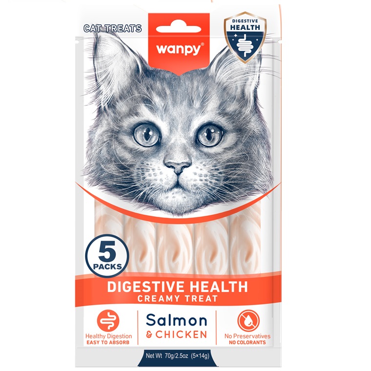 WANPY Digestive Health Creamy Lickable Cat Treats cu Somon & Pui, plicuri 5x14 g – Recompensa Functionala Cremoasa Superpremium pentru Pisici, Suport Digestiv Natural si Vitamine Esentiale