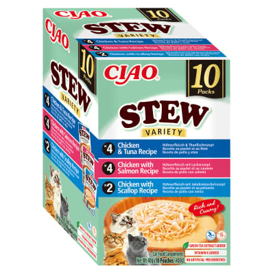 CIAO CHURU Stew Variety cu Pui si Ton, Pui si Somon, Pui si Scoici 10x40 g | Hrana Umeda Complementara pentru Pisici | Delicioasa si Sanatoasa, Fara Cereale, Topping Palatabil
