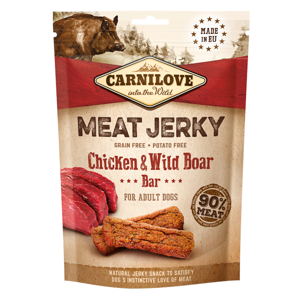 CARNILOVE Jerky Chicken & Wild Boar Bar 100 g – Recompense Naturale Fara Cereale pentru Caini, cu Carne de Pui si Mistret, Bogate in Proteine