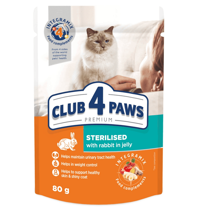 CLUB 4 PAWS Cat Sterilised cu Iepure 80 g | Hrană Umedă Premium pentru Pisici Adulte Sterilizate