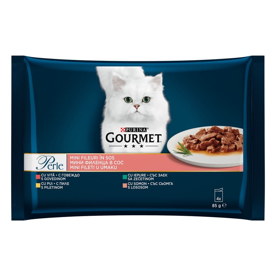 PURINA Gourmet Perle, cu Pui si Vita | Curcan si Miel | Vitel si Rata | Iepure si Vanat, Multipack Plicuri Hrana Umeda Pentru Pisici Adulte, 4x85g