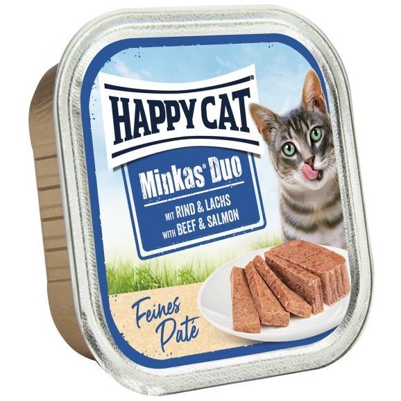 HAPPY CAT Minkas Duo, cu Vita si Somon – Conserva Hrană Umedă fără Cereale pentru Pisici Adulte, (Pate fin) – 100 g