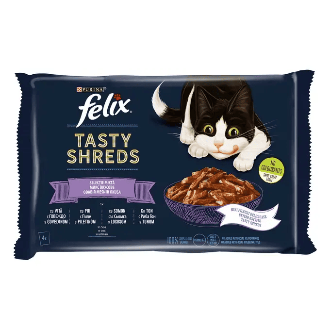 FELIX Tasty Shreds, Selecție Mixtă cu Vită, Pui, Somon și Ton în Sos, Hrană Umedă pentru pisici (fasii delicate), 4×80 g