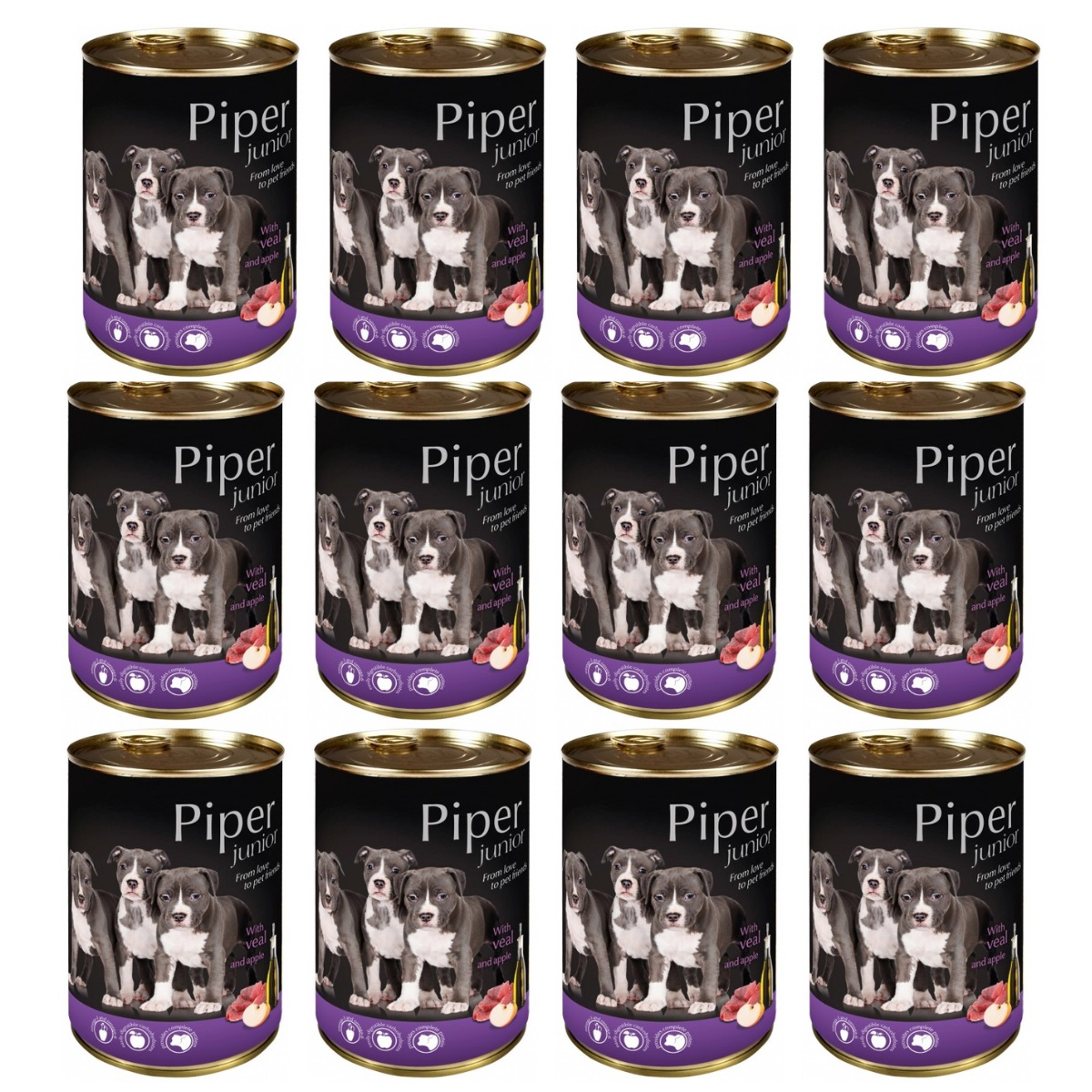 PIPER Dog Junior, cu Vitel si Mere, Set Conserve Hrana Umeda Pentru Caini 12x400g