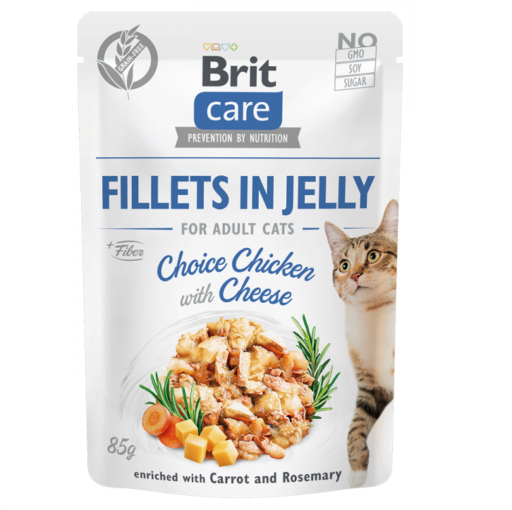 BRIT CARE Fillets in Jelly, cu Pui si Branza, Plic Hrana Umeda, Fara Cereale,  Pisici (file in aspic) 85g