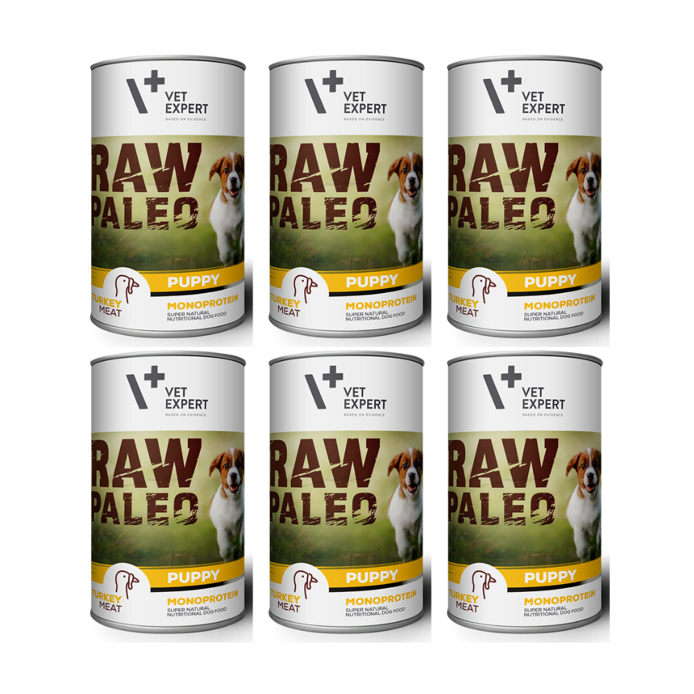 RAW PALEO Puppy, Curcan, Set Conserve Hrana Umeda Monoproteica, Fara Cereale, Pentru Caini Juniori, 6x400g