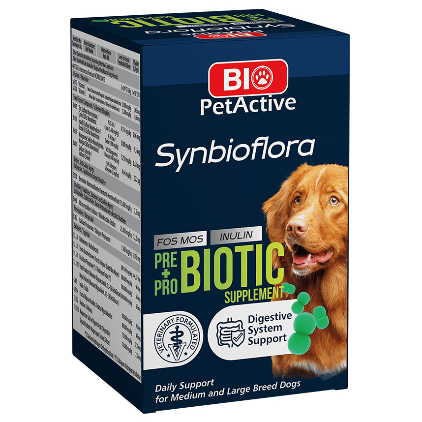 BIO PetActive Synbioflora Probiotic 60 Tablete | Supliment Prebiotic si Probiotic pentru Caini de Talie Medie si Mare | Suport pentru Digestie si Flora Intestinala