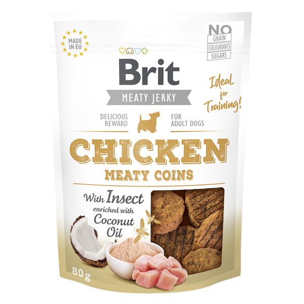 BRIT Jerky Chicken with Insect Meaty Coins 80 g – Recompense Naturale Fara Cereale pentru Caini, cu Carne de Pui si Proteine din Insecte