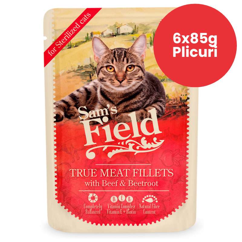 SAM'S FIELD Cat Pouch Sterilized Cats Beef & Beetroot Multipack 6x85 g | Hrana Umeda Superpremium pentru Pisici Sterilizate | Fileuri de Vita si Sfecla Rosie | Controlul Greutatii si Sanatatea Tractului Urinar
