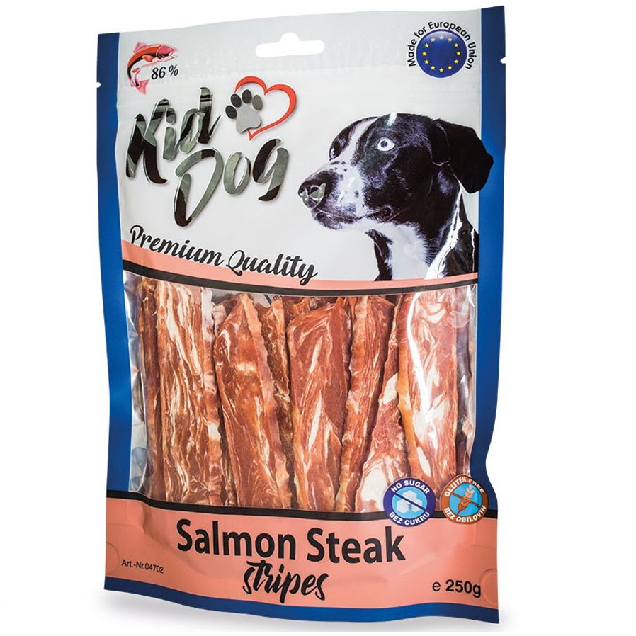 KIDDOG Fasii de Friptura de Somon pentru Caini, 250 g – Recompense Naturale cu 86% Carne și Omega-3