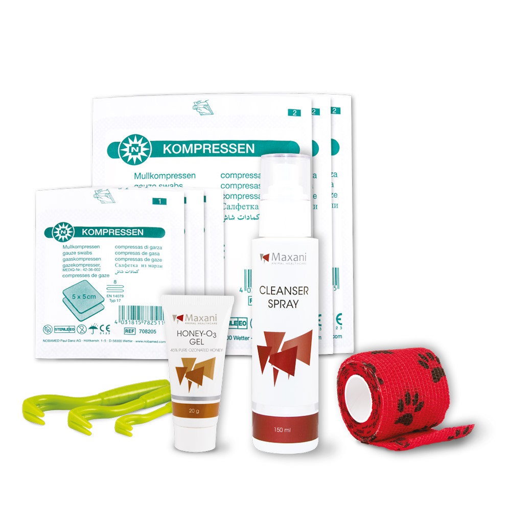 MAXANI First Aid Kit – Set Complet de Prim Ajutor pentru Caini si Pisici, cu Cleanser Spray, Honey Gel si Accesorii