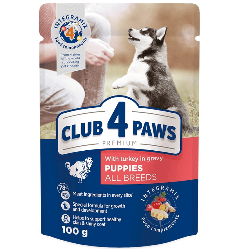 CLUB 4 PAWS Puppy Hrană Umedă Premium cu Curcan 100 g | pentru Căței până la 1 An