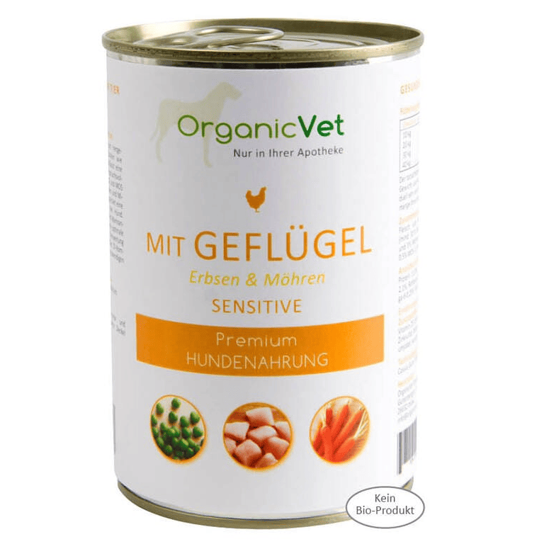 OrganicVet Sensitive cu Pasare, Mazare si Morcovi 400 g | Hrana Umeda Super-Premium pentru Caini cu Digestie Sensibila