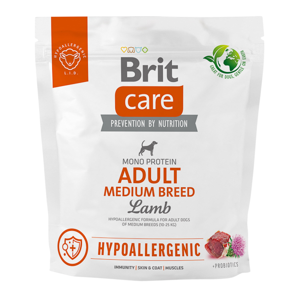 BRIT CARE Hypoallergenic Adult Medium Breed, cu Miel, Hrană Uscata Monoproteică pentru Câini Adulți de Talie Medie, 1kg