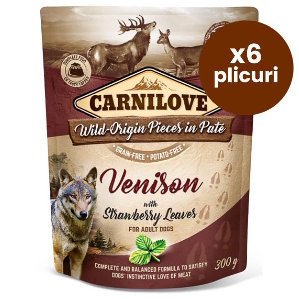 CARNILOVE Dog Pouch Pate Vânat cu Frunze de Căpșun Set 6x300 g – Hrană Umedă Fără Cereale pentru Câini, Proteine Sălbatice și Antioxidanți Naturali