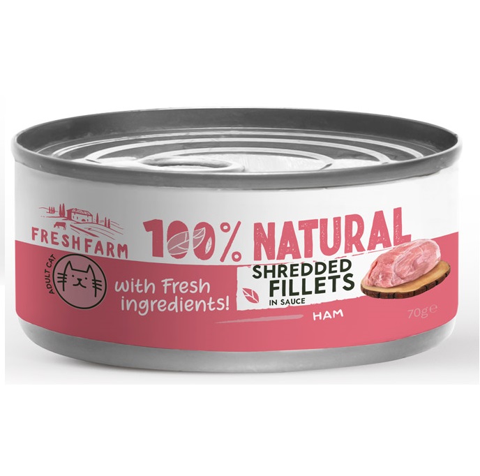 FRESH FARM Shredded Fillets, Sunca si Pui in sos, 70 g – Hrana Umeda Fara Cereale pentru Pisici, Fileuri Maruntite in Sos