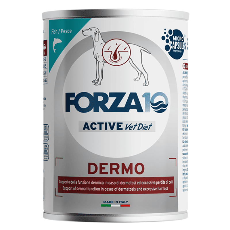 FORZA10 Active Vet Diet Dermo, Dietă Umedă, Monoproteică cu Peste pentru Câini Alergici sau cu Afectiuni Dermatologice, 390 g
