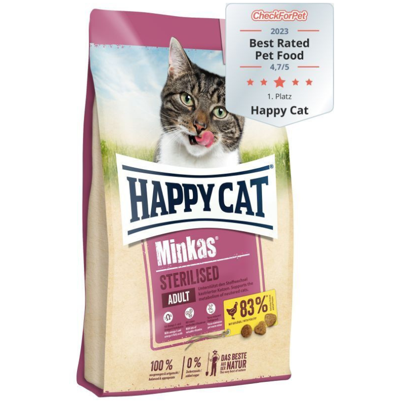 HAPPY CAT Minkas Sterilised, cu Carne de Pasăre – Hrană Uscată Premium pentru Pisici Sterilizate, Controlul Greutății și Digestie Echilibrată, 10kg