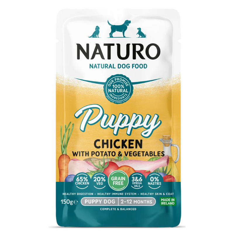 NATURO Puppy Grain Free cu Pui, Cartofi si Legume 150 g | Hrana Umeda Completa fara Cereale 100% Naturala pentru Pui de Caine