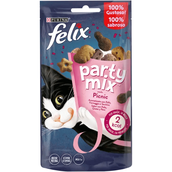 FELIX Party Mix Picnic Mix Recompense pentru Pisici, cu Pui, Brânză și Curcan, 60 g – Snack Crocant și Aromat pentru Răsfățul Zilnic