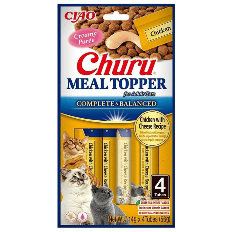 INABA Ciao Churu Meal Topper Chicken & Cheese 4x14 g | Topping Cremos Fara Cereale pentru Hrana Pisicilor | cu Pui si Branza | Gust Intens si Calorii Putine